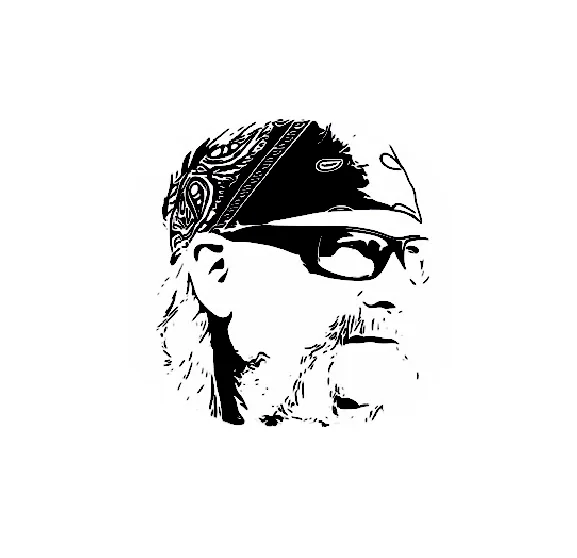 Mac's Pizza Shack logo: a black and white illustrated portrait