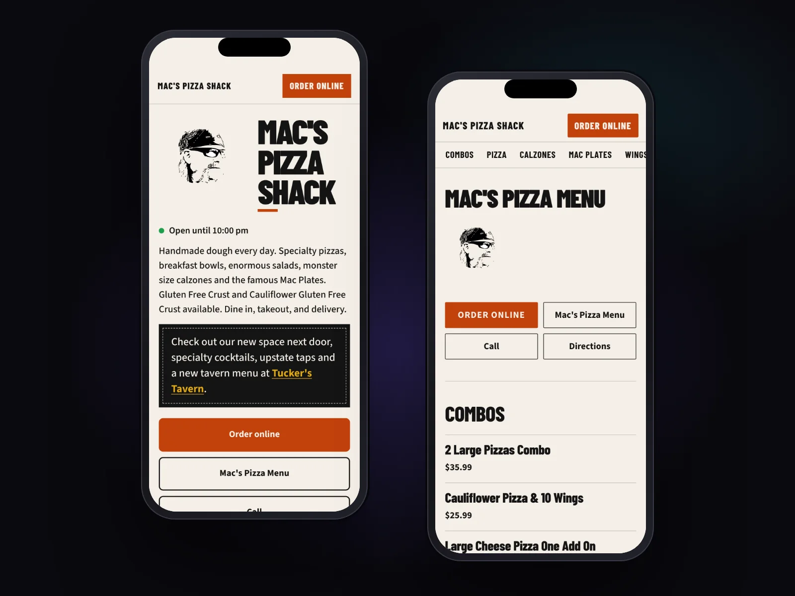 Mac's Pizza Shack website on a phone: the homepage with Order online button and hours, and the menu page with combos and prices