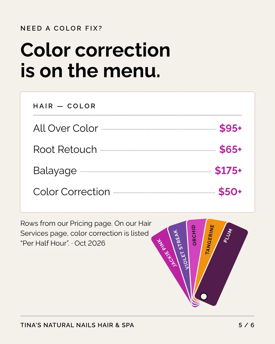 Slide 5: Color correction prices from the salon's pricing page