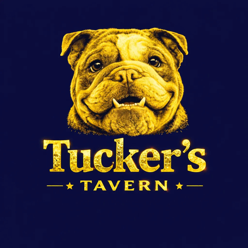 Tucker's Tavern logo: a gold bulldog above the Tucker's Tavern wordmark on navy