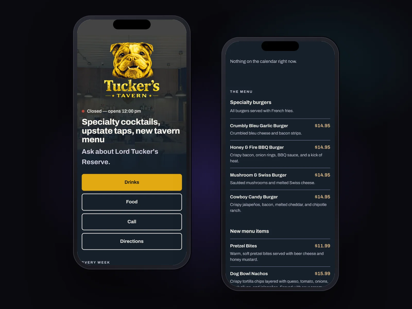 Tucker's Tavern website on a phone: the homepage with open status and Drinks, Food, Call and Directions buttons, and the food menu with prices