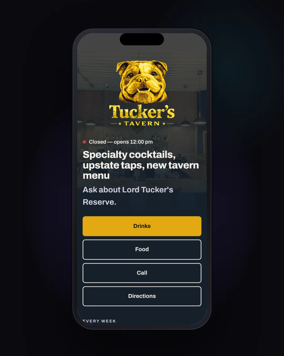 Tucker's Tavern website on a phone