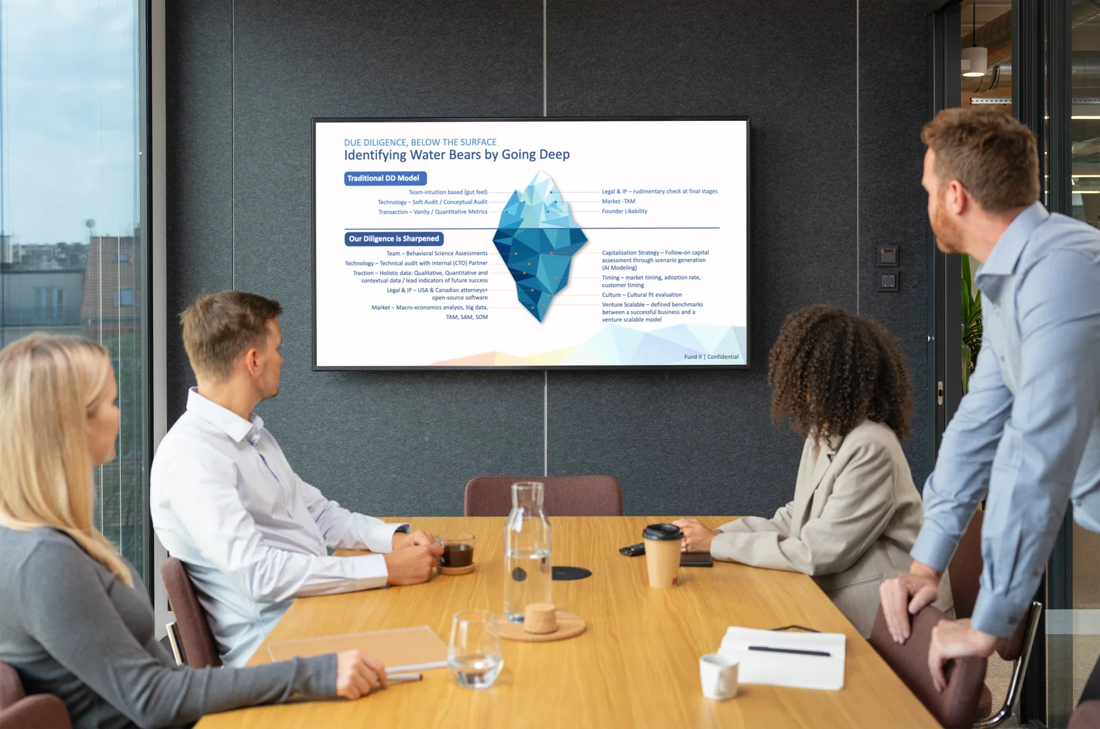 Water Bear Ventures diligence slide on a meeting room screen